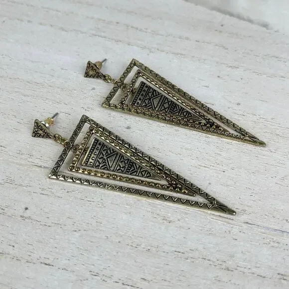 Gold Tone Tiered Triangle Cairo Dangle Earrings Black Geo Geometric Boho Jewelry - Picture 3 of 16